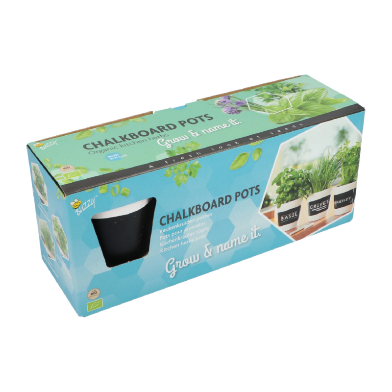 Kruiden set, drie witte potten met krijt en aarde